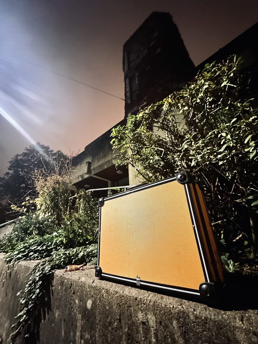 Oranger Koffer auf einer Betonmauer vor Büschen, nachts im Nebel